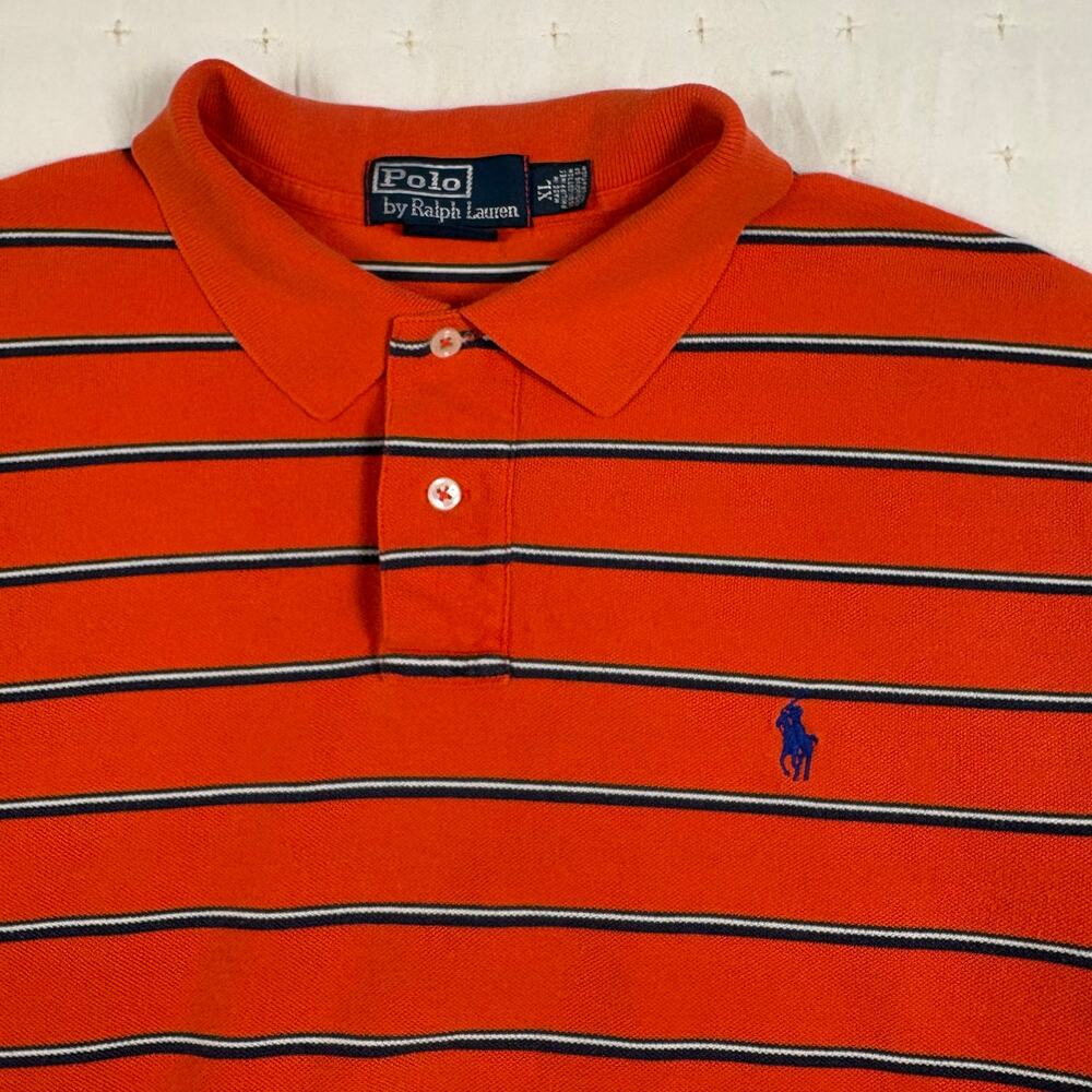 Polo Ralph Lauren Custom Fit Pique Polo Shirt Men's XL Orange Striped Preppy - Picture 3 of 9